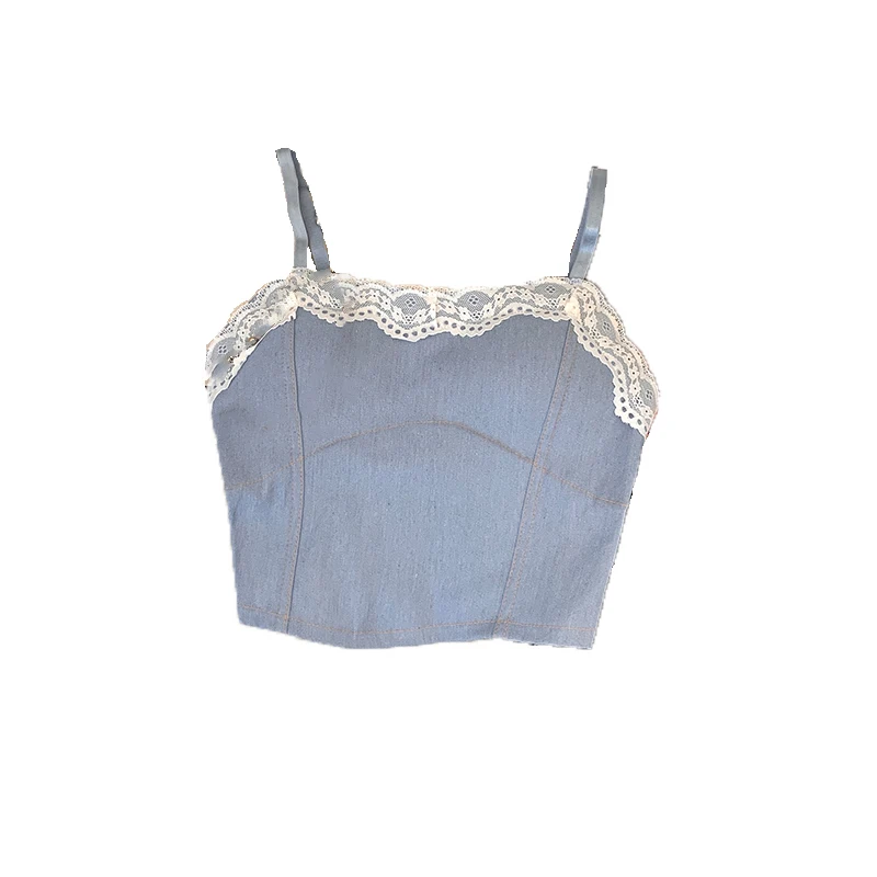 Women's Vest Summer Thin Short Lace Patchwork Spaghetti Strap Tops Korean Style High Street Chic Vests for 18-24 Years Old