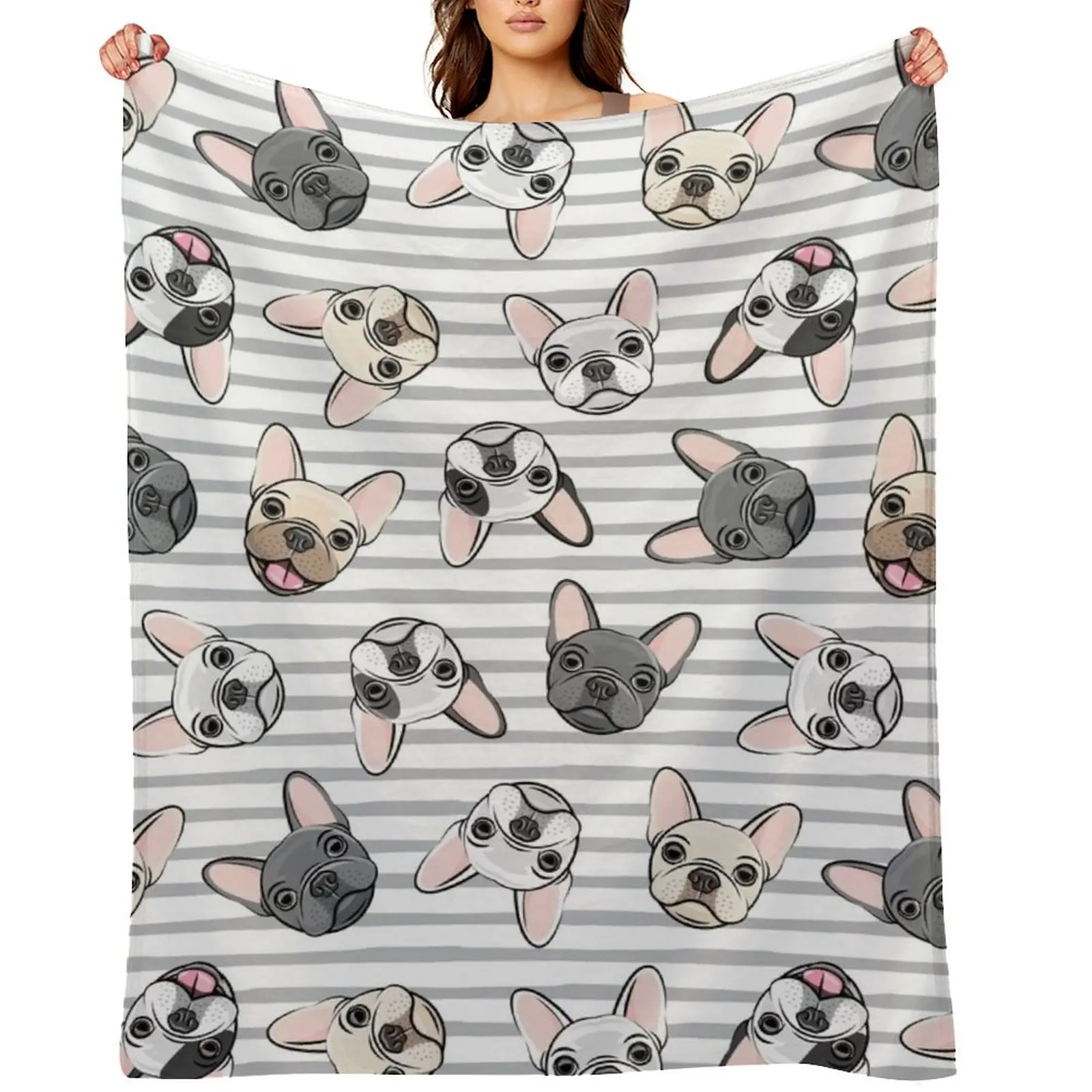 

All the frenchies - grey stripes - cute French bulldogs Throw Blanket bed plaid Bed covers Thins Blankets