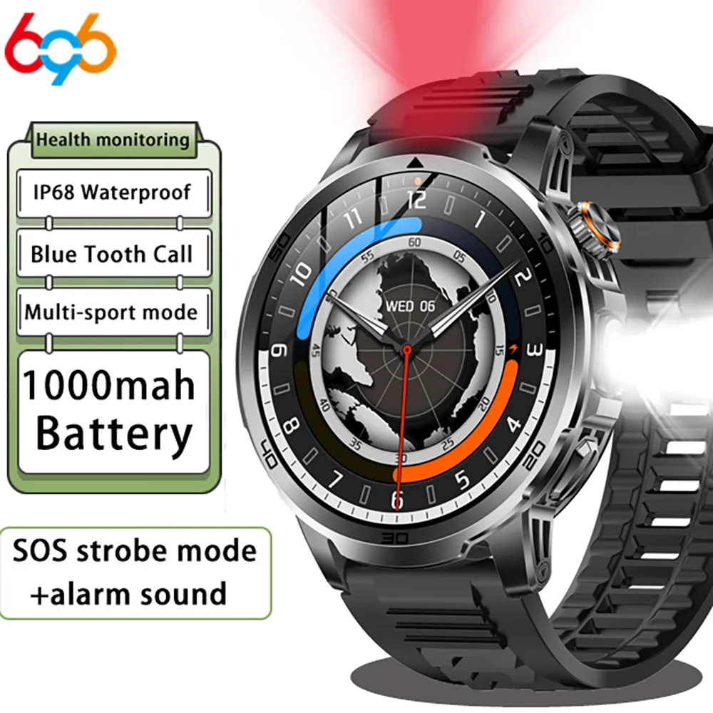 

Sports SOS Strobe Mode Alarm Sound Blue Tooth Call Smart Watch Weather Flashlight Voice Assistant Waterproof Health Smartwatch
