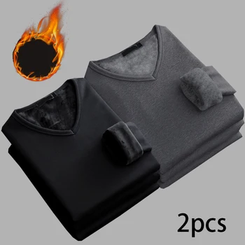 2 stücke Männer Verdickung Samt Warme Tops männer Winter Lange ärmeln Thermische Unterwäsche Männlichen V-ausschnitt Mode T-shirt M-4XL