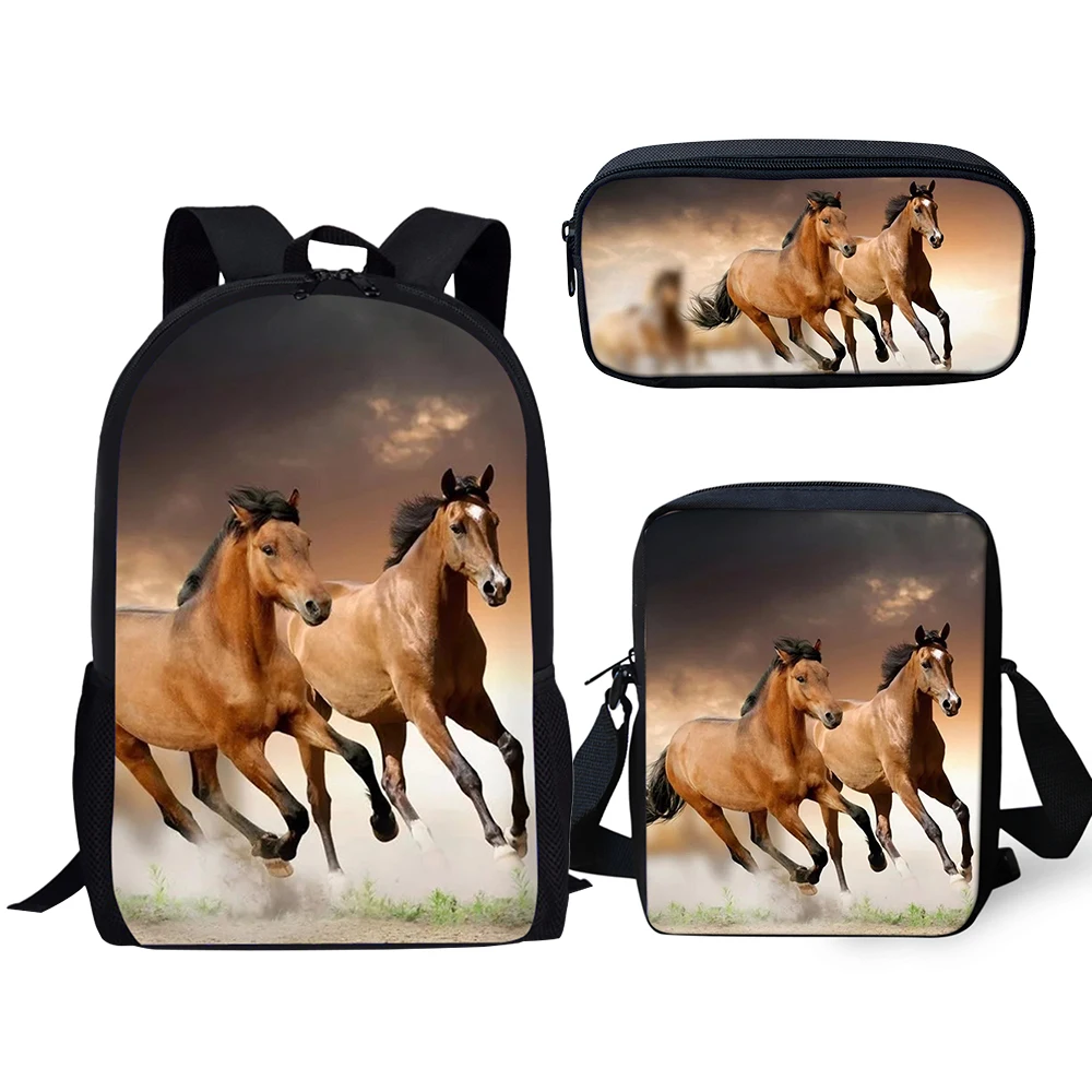 Classic Popular Novelty Horses 3D Print 3pcs/Set pupil School Bags Laptop Daypack Backpack Inclined shoulder bag Pencil Case