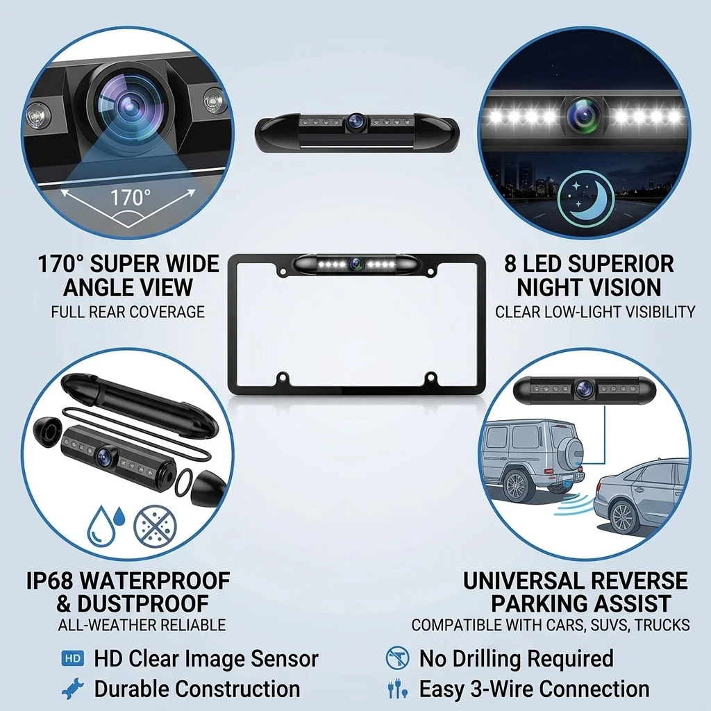 범용 차량용 후방 카메라, 170도 광각, 8개의 LE - License Plate Backup Camera Frame Mount 리뷰 및 가격