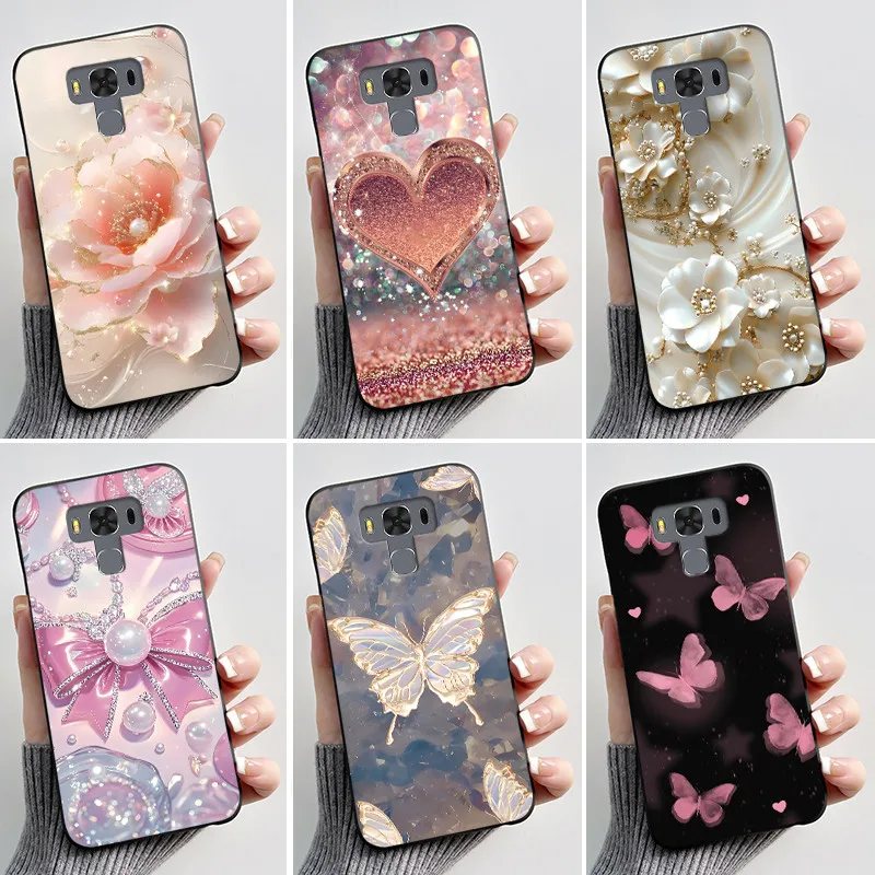Funda para Asus ZenFone 3 Max ZC553KL Capa Funda de silicona suave carcasa negra contraportada Linda funda con estampado de dibujos animados de flores Coque