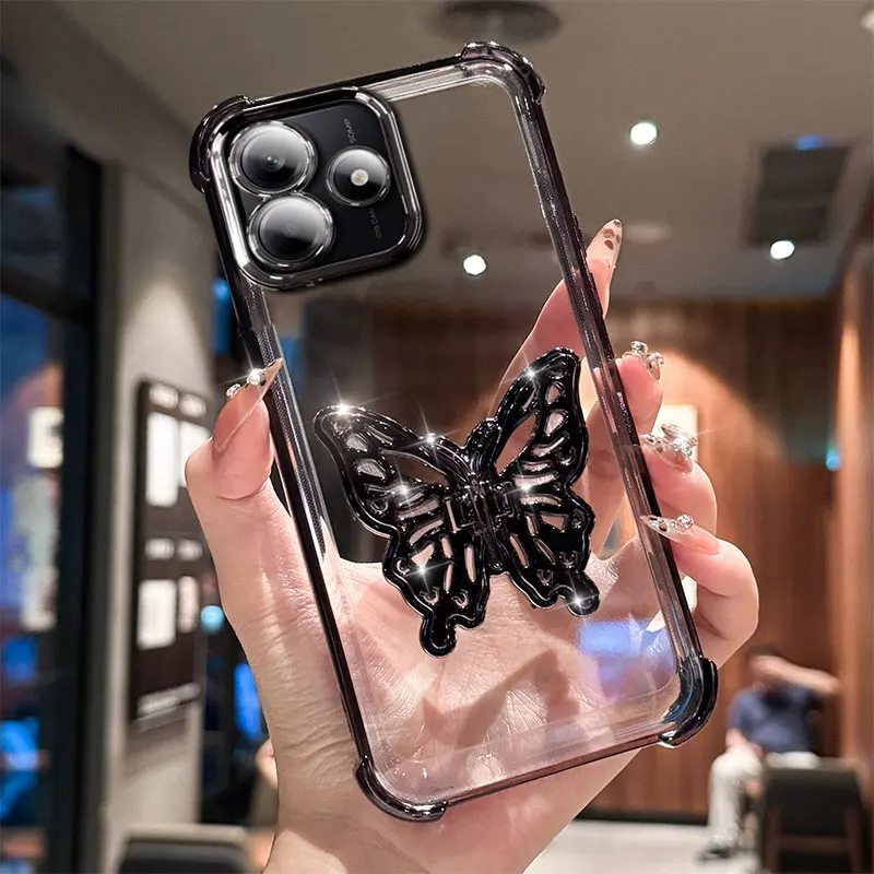 Luxury Case with Butterfly Bracket for Xiaomi, Cover for Redmi Note 14, 13, 12, Pro plus, 14C, 13C, 12C, 10, 5G Shockproof Cases