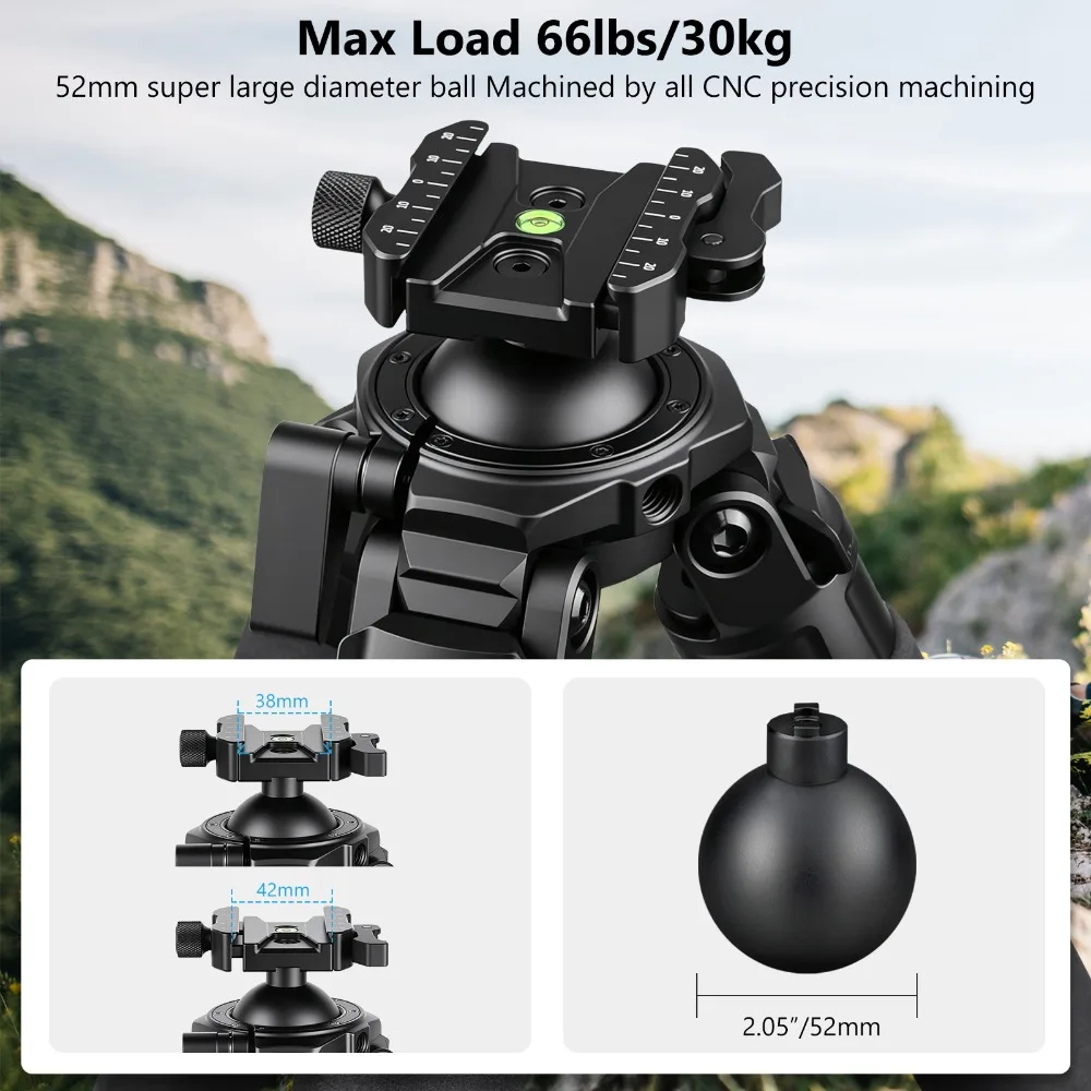 VICELK MP364 176cm Carbon Fiber Tripod, 52mm Large Lever Ball Head Heavy Duty Tripod for Hunting,Shooting and Outdoor, Load 30kg