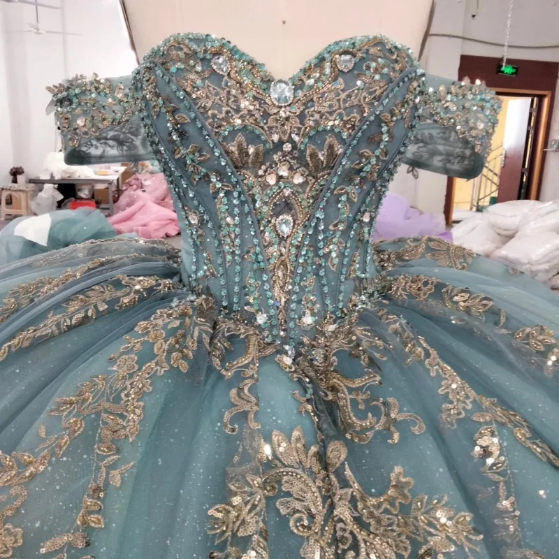 

luxury silver gray Quinceanera Dress Lace crystal off-shoulder sequins Tull decal Bow vestidos de 15 Quinceanera ﻿Customized