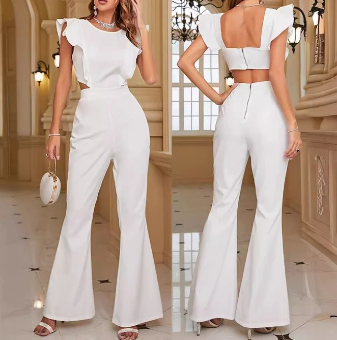 

Fashion Women's Jumpsuit 2024 Solid Color Flying Sleeve Round Neck Backless High Waist Wide Leg Flare Trousers Overall for Women