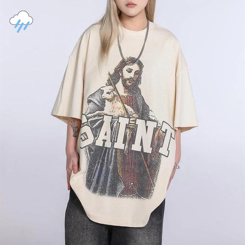 

24SS Hip Hop High Quality Cotton T Shirt Tee Men Women Vintage Apricot Printing Saint T-Shirt Oversized Tops