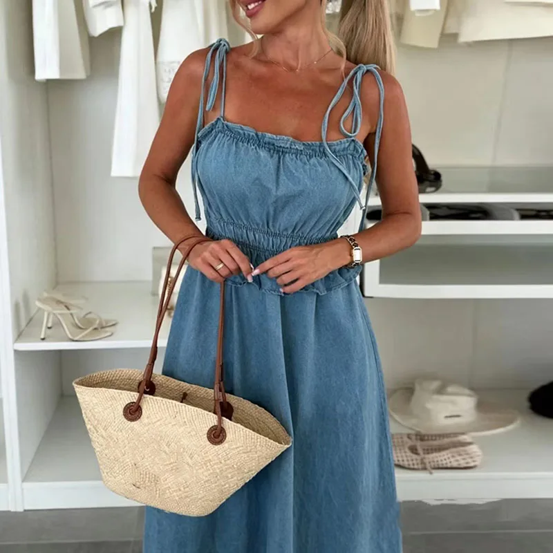 Retro Denim Women's Dress 2026 Sexy Hollow Out Sleeveless Beach Dress Simple Solid Color Backless Ruffle Edge Commuting Dresses