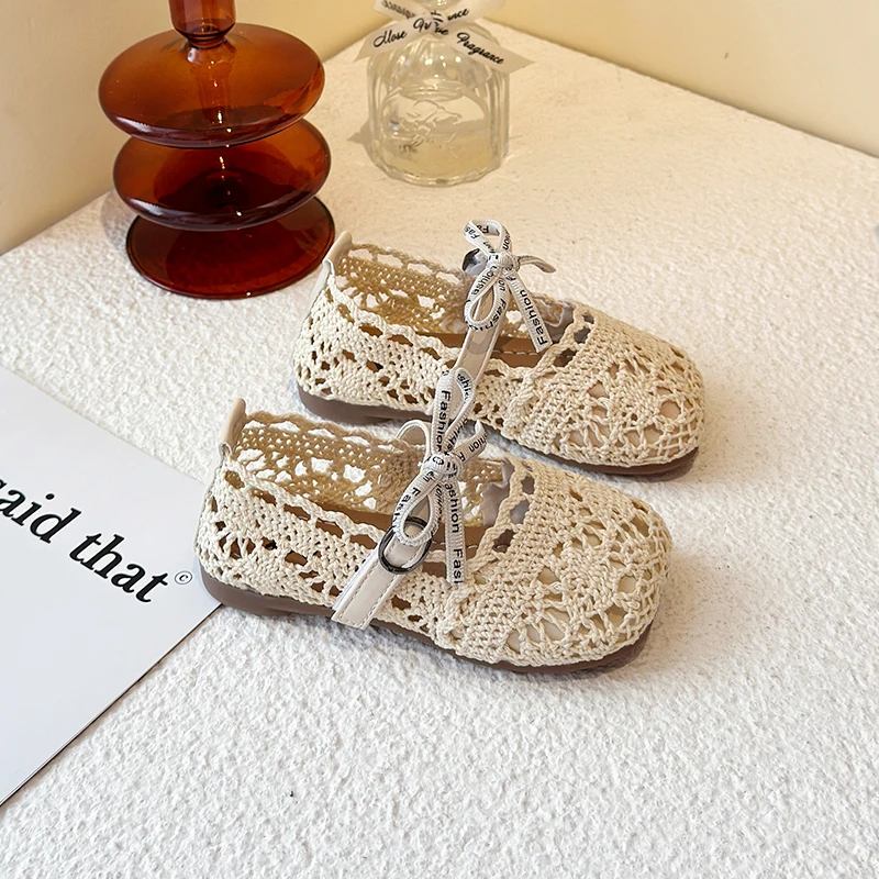 2026 New Bow Mesh Girls Flats Shoes Hollow Out Lace Solid Kids Princess Shoes Hook Loop Non Slip Toddler Children Fashion Shoes image 3