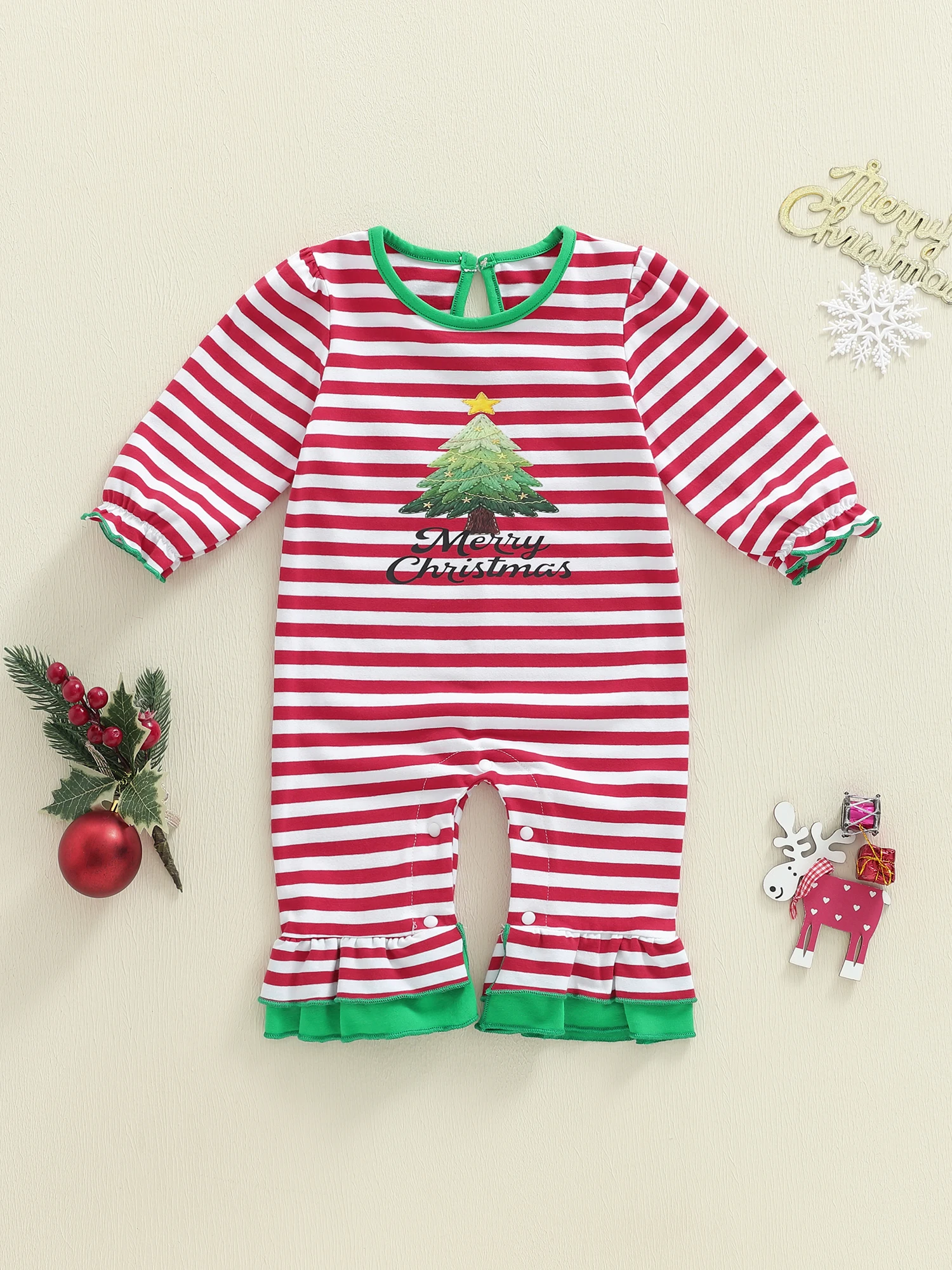

Toddler Girl Winter Holiday Striped Romper with Long Sleeves and Round Neckline Festive Christmas Tree Print Jumpsuit for Baby