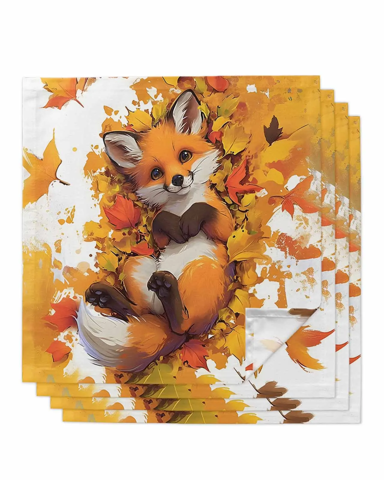 4pc Autumn Leaf Cartoon Animal Fox Table Napkins Set Dinner Handkerchief Towel Napkins Cloth for Wedding Party Banquet