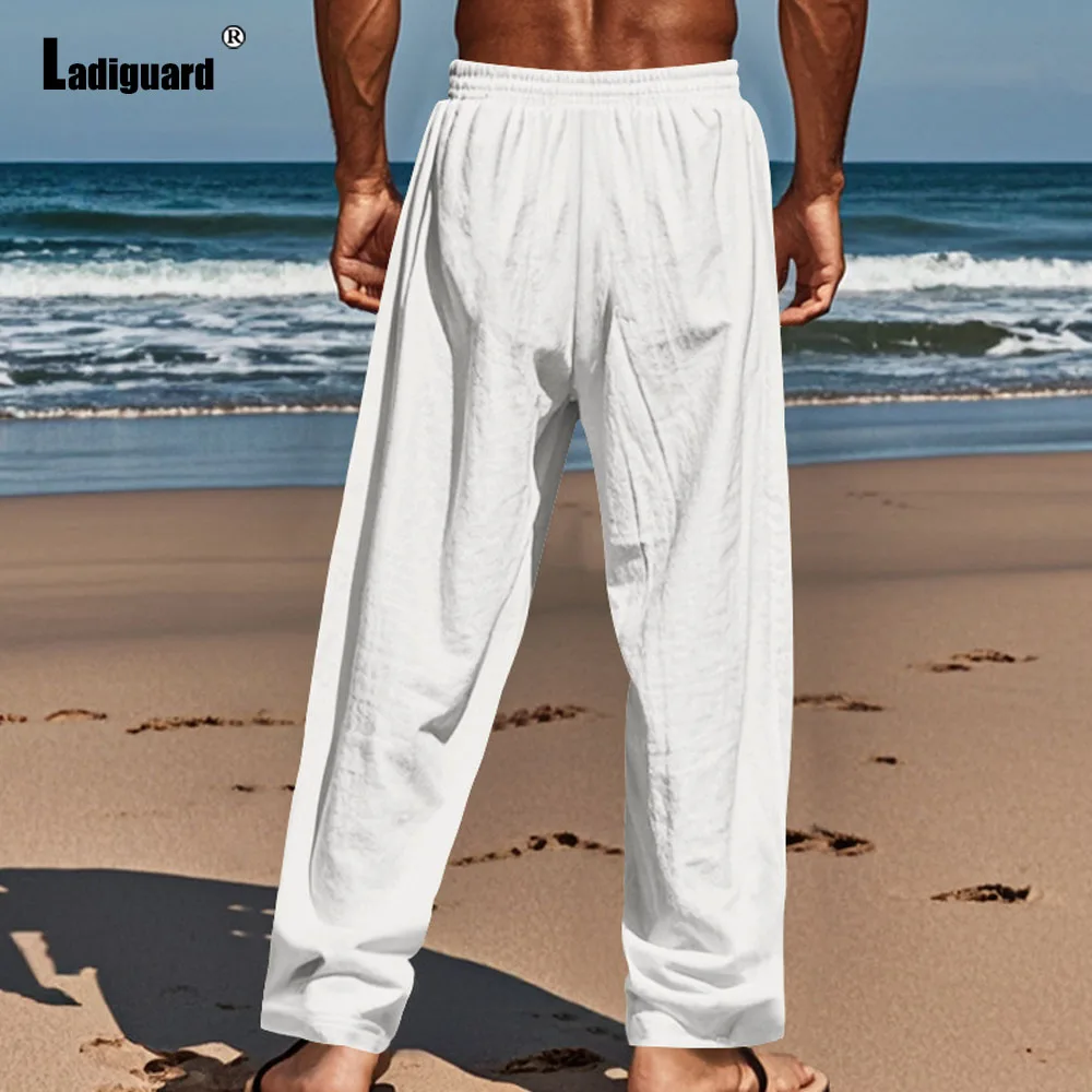 Mens Stand Pocket Casual Beach Pants White Soft Cotton Trouser Men Fashion Multi-Buttons Fly Sweatpants Men\'s Ankle-Length Pants