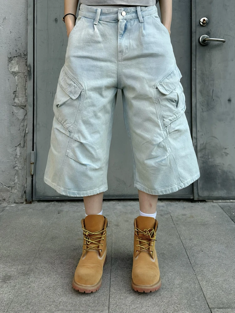 

American Retro Deconstructed Design Multi-ket Denim orts Men's Wide Leg Workwear Seven-Foot Jeans Casual Wear