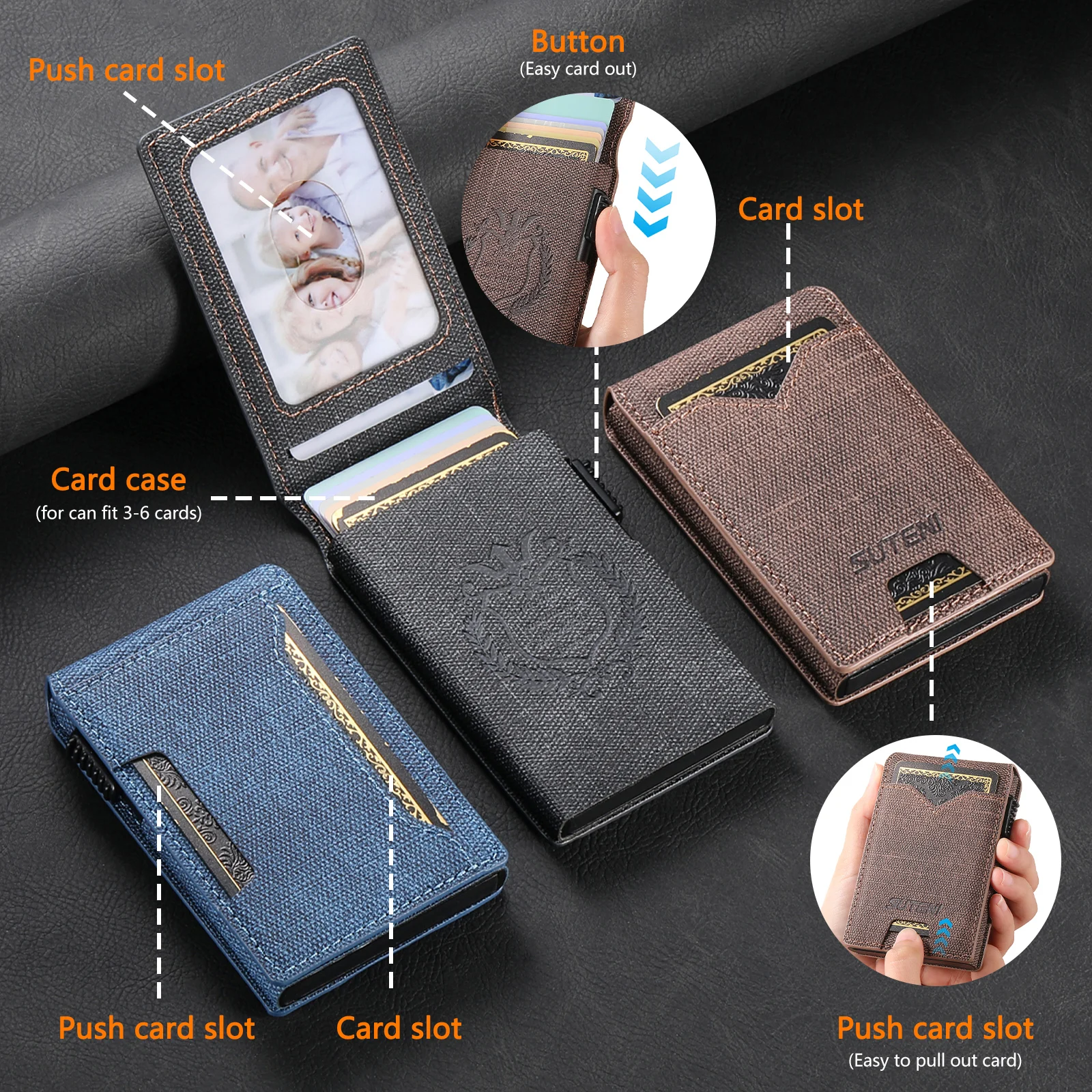 SUTENI Kunstleder für Herren, Geldbörse, Kartensteckplatz, Geldbörse, Flip-Cover, Kartenbox, drückt den Knopf automatisch die Karte aus – Detail 16