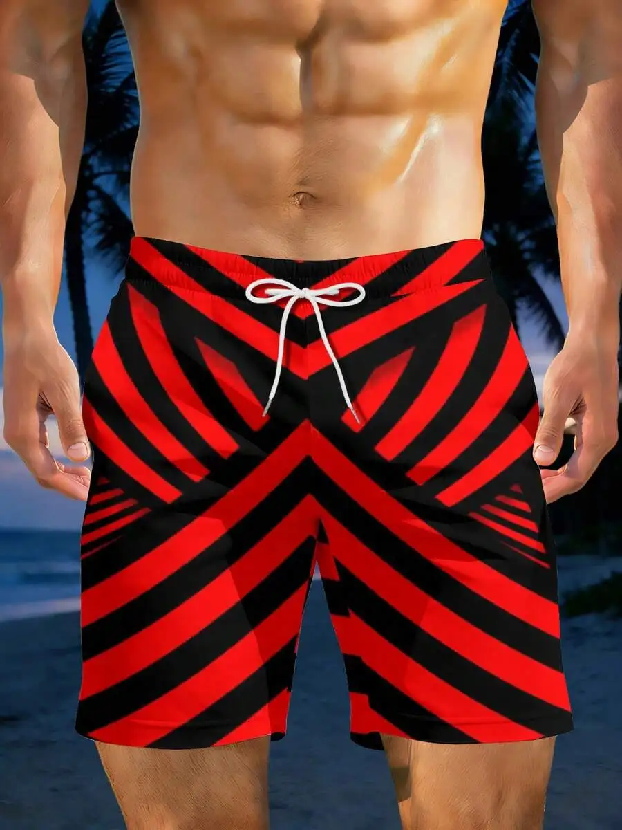 

Mens Red And Black Geometric Print Beach Shorts Casual Summer Wear