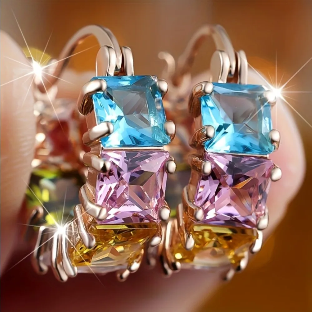 

KITYKISS 2025 New Pink Square Diamond Hoop Earrings - Luxury Full Diamond Popular Earrings