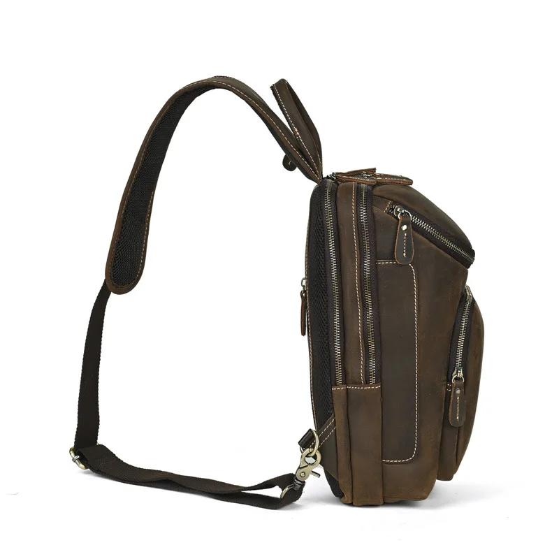 LD-Men's Genuine Leather Crazy Horse Leather Single Shoulder Backpack, Top Layer Cowhide, Large Capacity Crossbody Bag