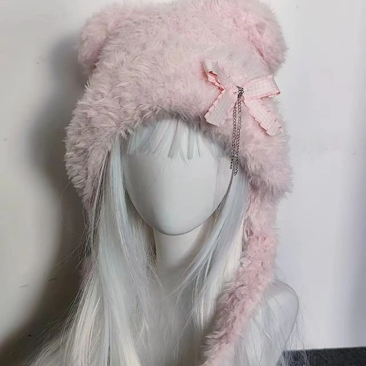 النساء Harajuku القوطية لوليتا Y2K محبوك الدب الأذن Bowknot سلسلة قبعة سيسي الحلو الشتاء سدادات حماية الأذن قبعات ملابس تنكرية للحفلات #1