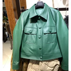 2024 Autumn New Short Real Sheepskin Jackets for Women Chic Lapel Single-breasted Female Pockets Genuine Leather Jackets Coats