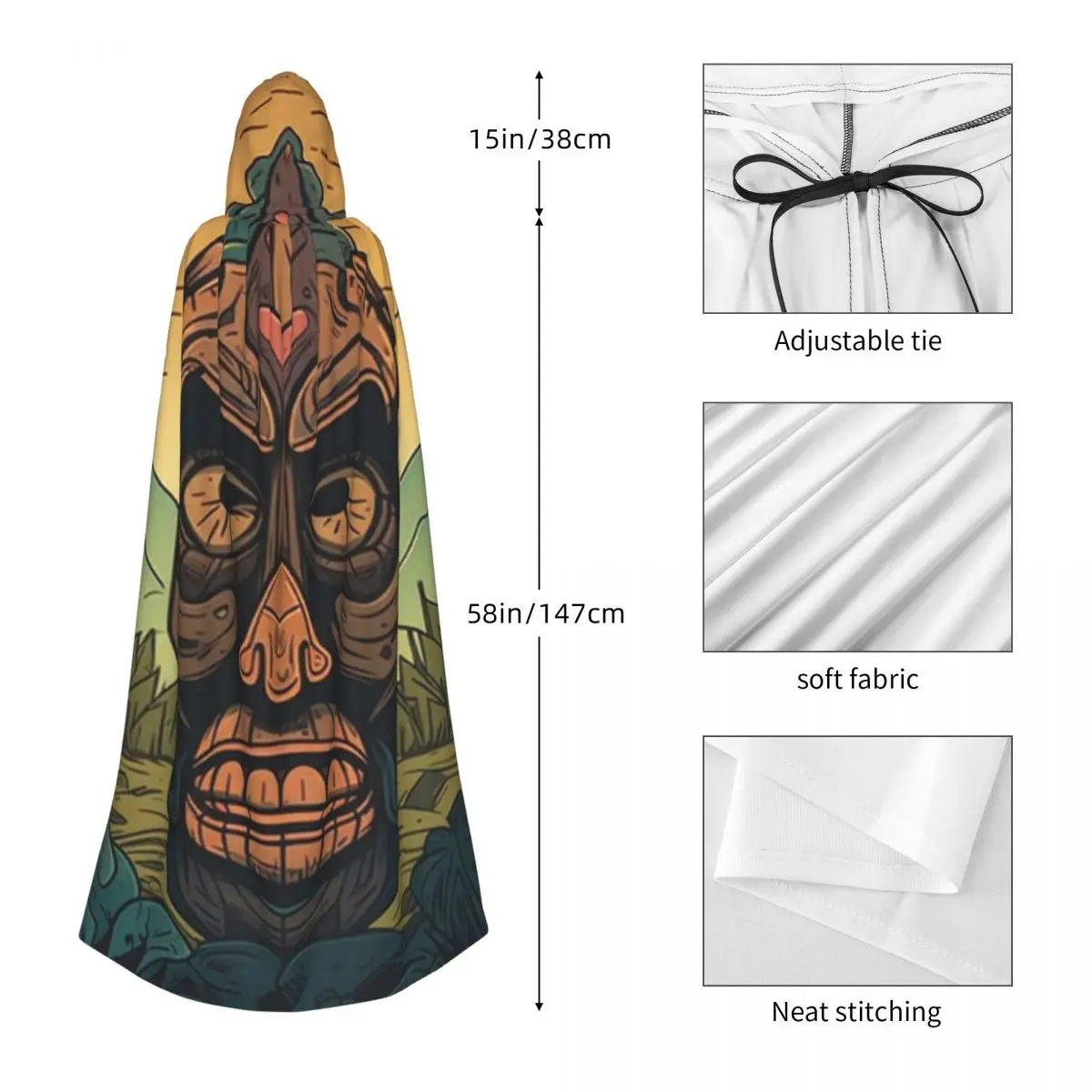 أقنعة البولينيزية تيكي عباءة طويلة بغطاء للرأس الساحرة في القرون الوسطى زي تنكري كيب الهالوين مصاص دماء للبالغين للجنسين