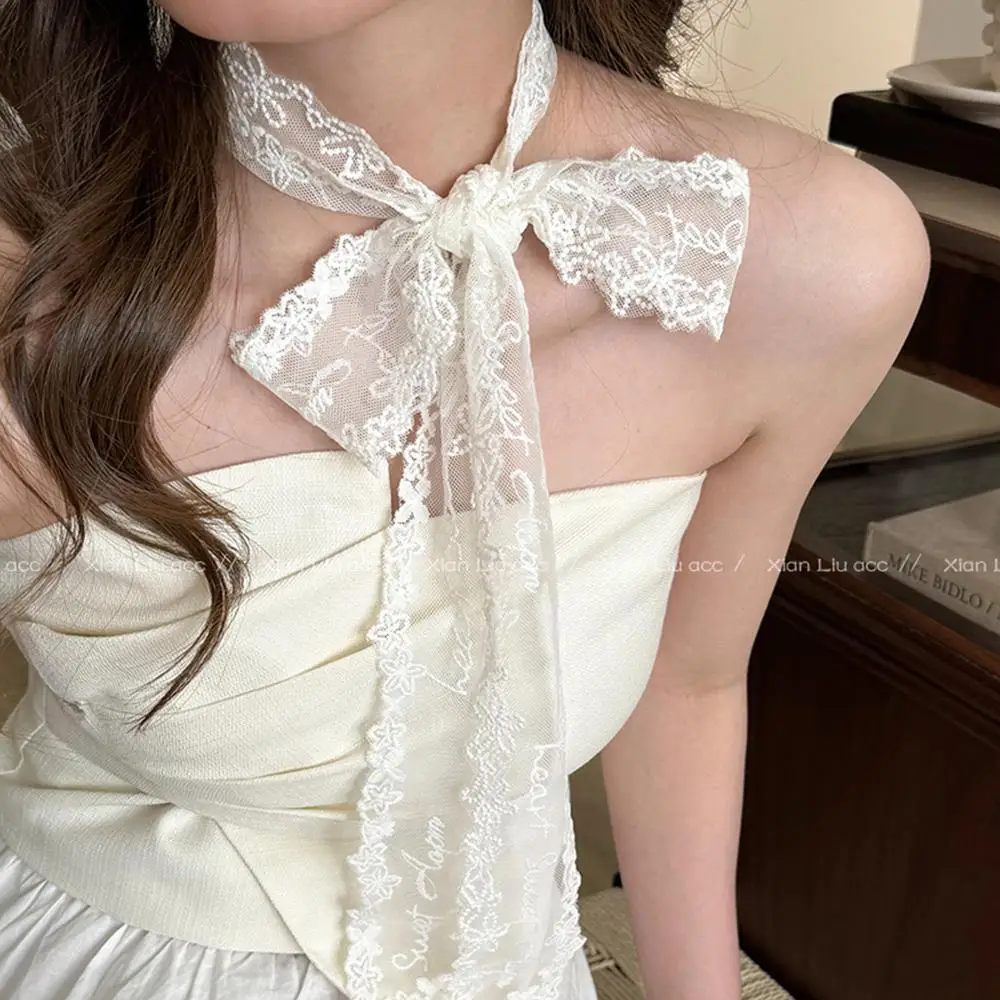 

Sweet Flower Retro Lace Neck Strap Transparent Dressing Decoration Hair Band Korean Style Neckerchief Long Ribbon Head Scarf