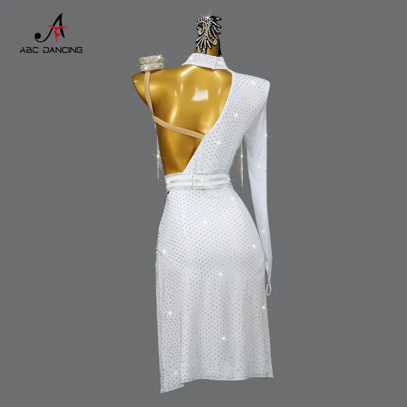 Vestido de competición de baile latino blanco para mujer, Falda corta para actuación superior, disfraz de salón para mujer, ropa Sexy de cóctel