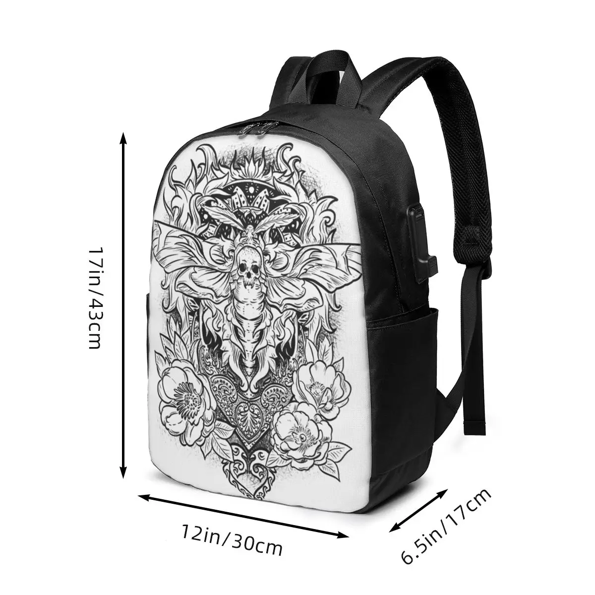 Mystical Gothic Skull Moth And Flower Backpack Travel Notebook Bag Computer College Student School Bag Laptop Shoulder Bags
