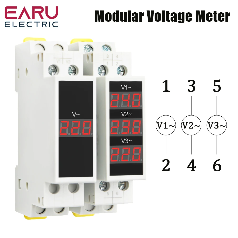 18MM Din Rail Mount Three Phase Voltage Meter AC 80V-500V Mini Modular Voltmeter Gauge Indicator LED Digital Display 220V 380V