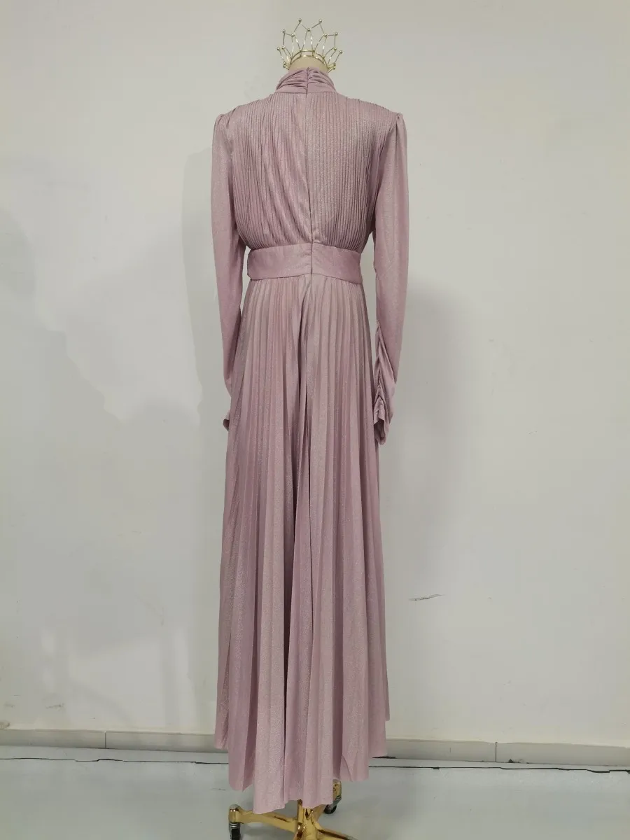 TWOTWINSTYLE Solid Spliced Belt Slimming Dresses For Women O Neck Long Sleeve High Waist Temperament Long Dress Female Clothes