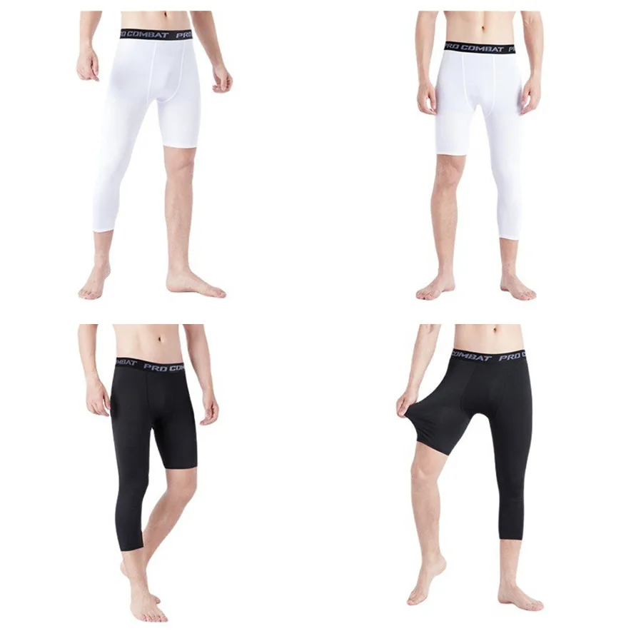 Mens gym taining calças de perna única calças de comprimento 3/4 compressão jogging de cinco pontos preto branco esportes meia-calça