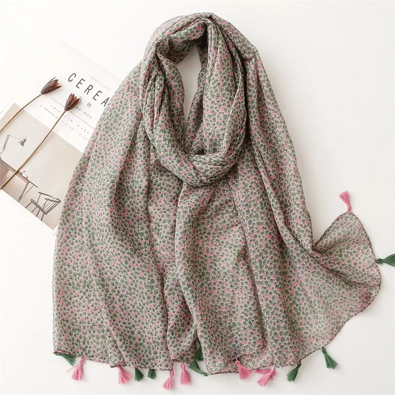 

2023 Fashion Women Small Flower Pattern Tassel Shawls Scarf Foulard Floral Print Beach Soft Wrap Hijab Free Shipping