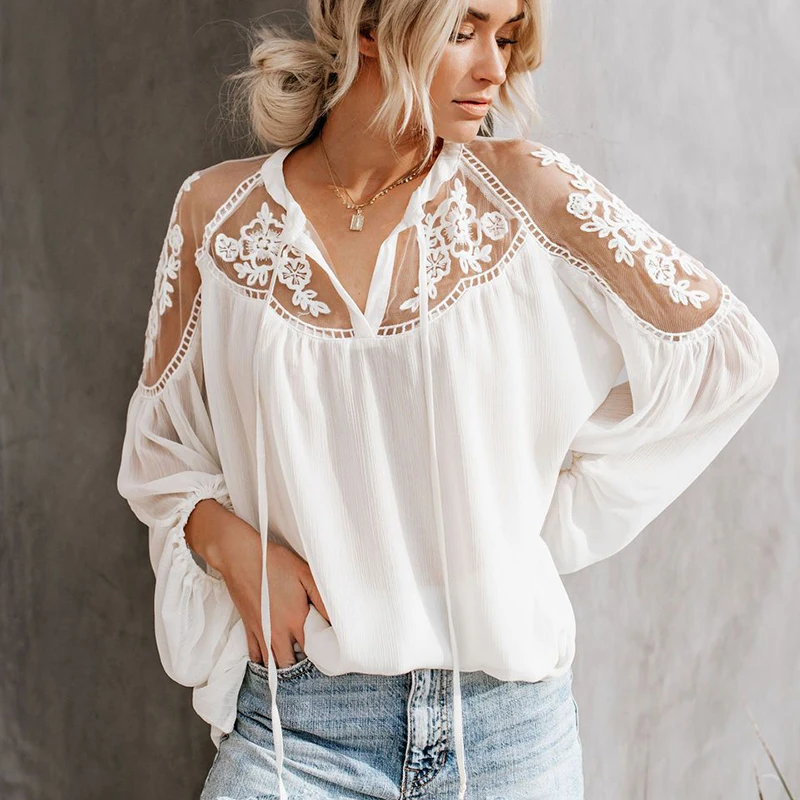 Lace Mesh Shirt Women Embroidery Patchwork Casual Long Sleeve Tops 2022 Summer Sexy Chiffon Blouse Loose Shirts Female Blusas