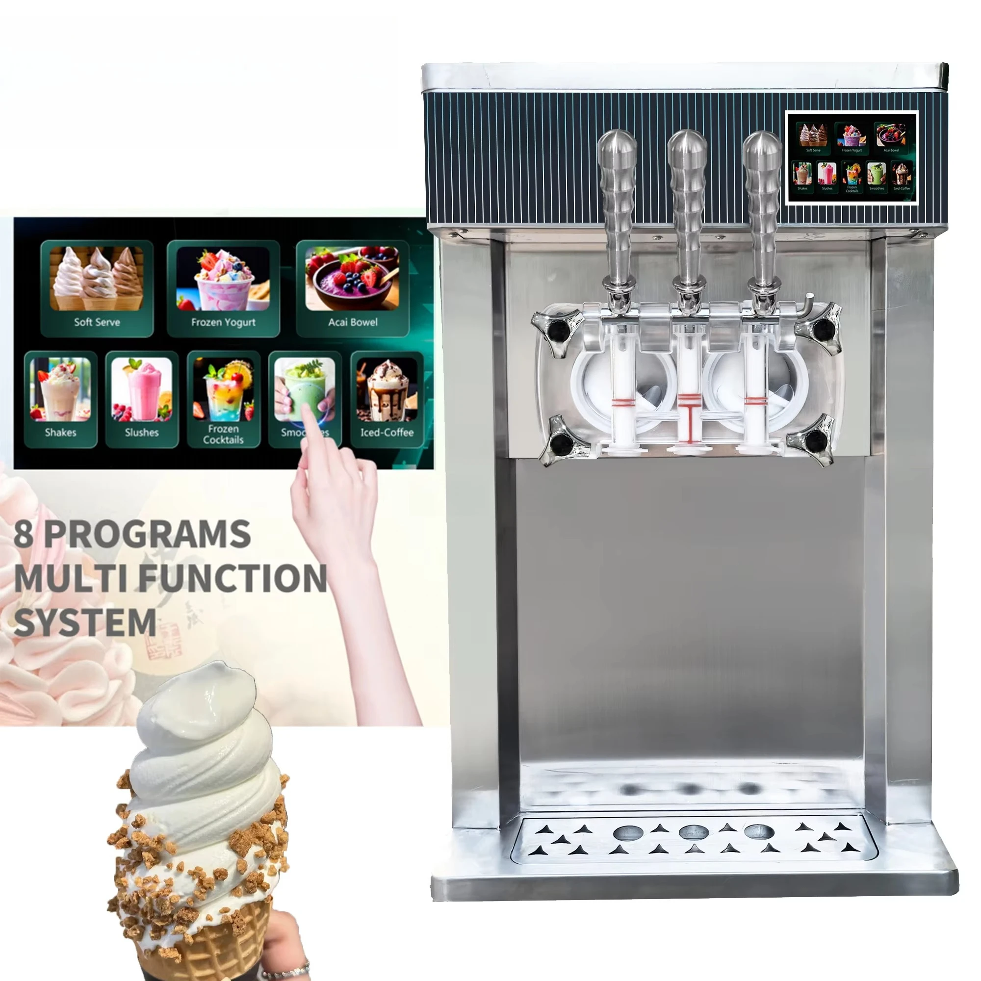 Soft Serve Ice Creme Machine Counter Top 3 Flavor Soft Serve Machine Frozen Yogurt Maker Acai Bowl 25-30L/H 8 Programs