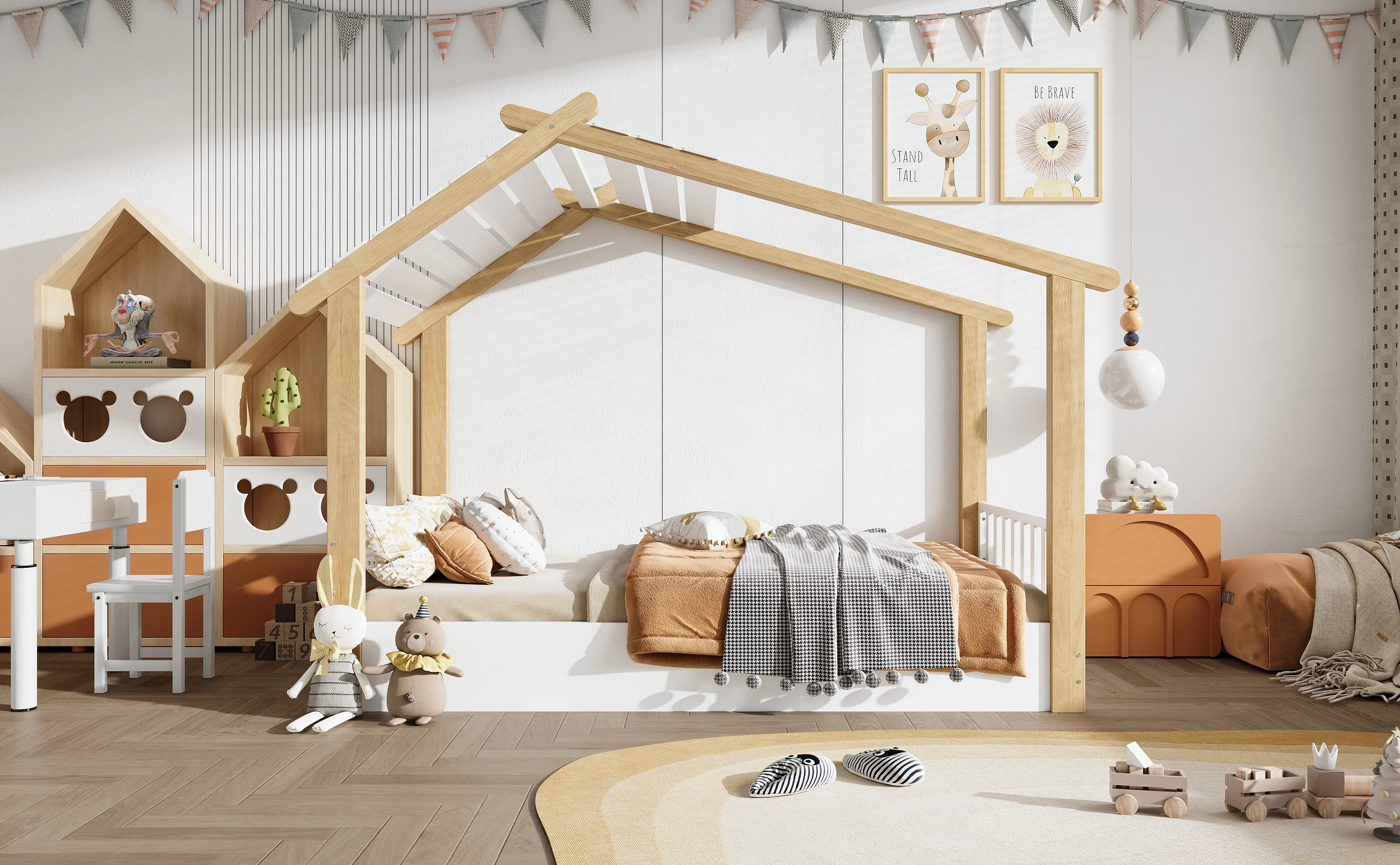 PINGGO Weißes Holz-Einzelbett 90x190cm Natürliche Holzoptik Hausdesign Lattenrost Kiefer-Spanplatte MDF Ohne Matratze – Detail 1