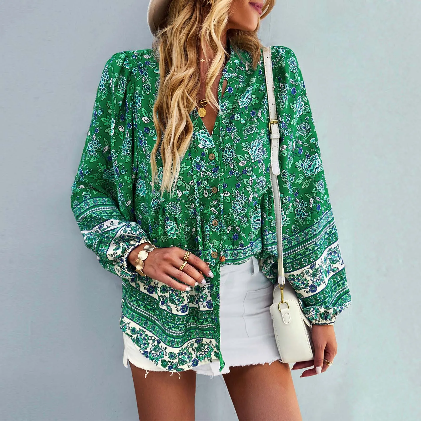 Summer Trend Blouse Pure Color Bohemian Seaside Printing Long Sleeved Shirt Loose Casual Women Vacation Vintage Elegant Top