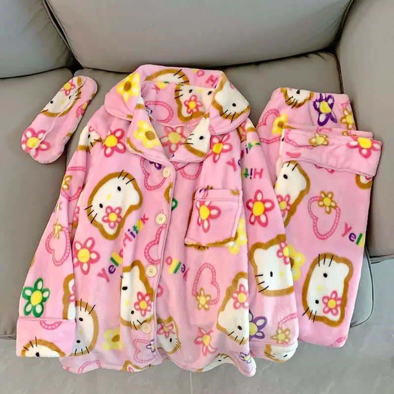Pajamas Hot Style Hello Kitty Coral Velvet Women's Autumn Winter Thickened Warmth Sweet Comfortable Home Clothes Set Cartoon