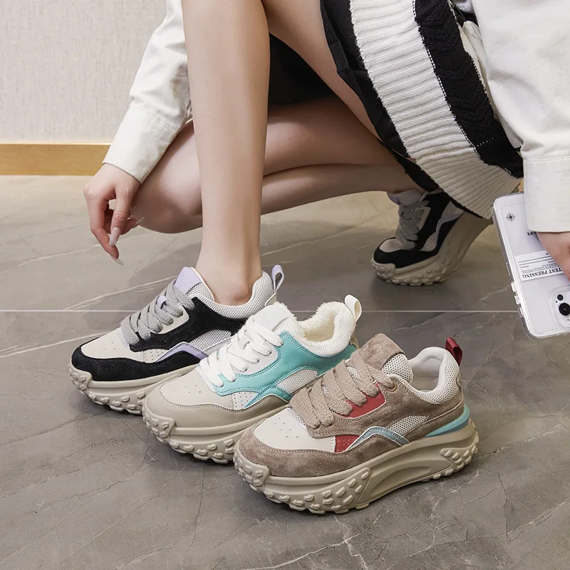 

6cm 2026 Genuine Leather Platform Mesh Breathable Sneakers Chunky Hidden Heel Mixed Color Women Autumn Spring Vulcanize Shoes
