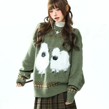 Women Cozy Sheep Sweater Cute Fluffy Animal Pattern Green Knit Pullover Oversized Long Sleeve O Neck Autumn Winter Top 5