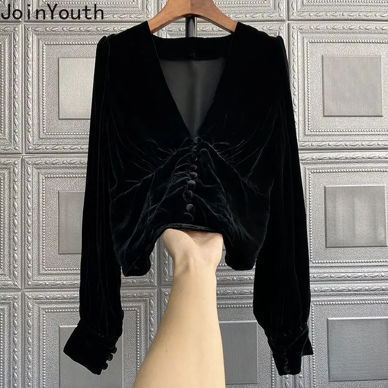 2023 Blusas Mujer De Moda Temperament Black Blouses Women Clothing V-neck Long Sleeve Vintage Tops Tunic Velvet Korean Shirts