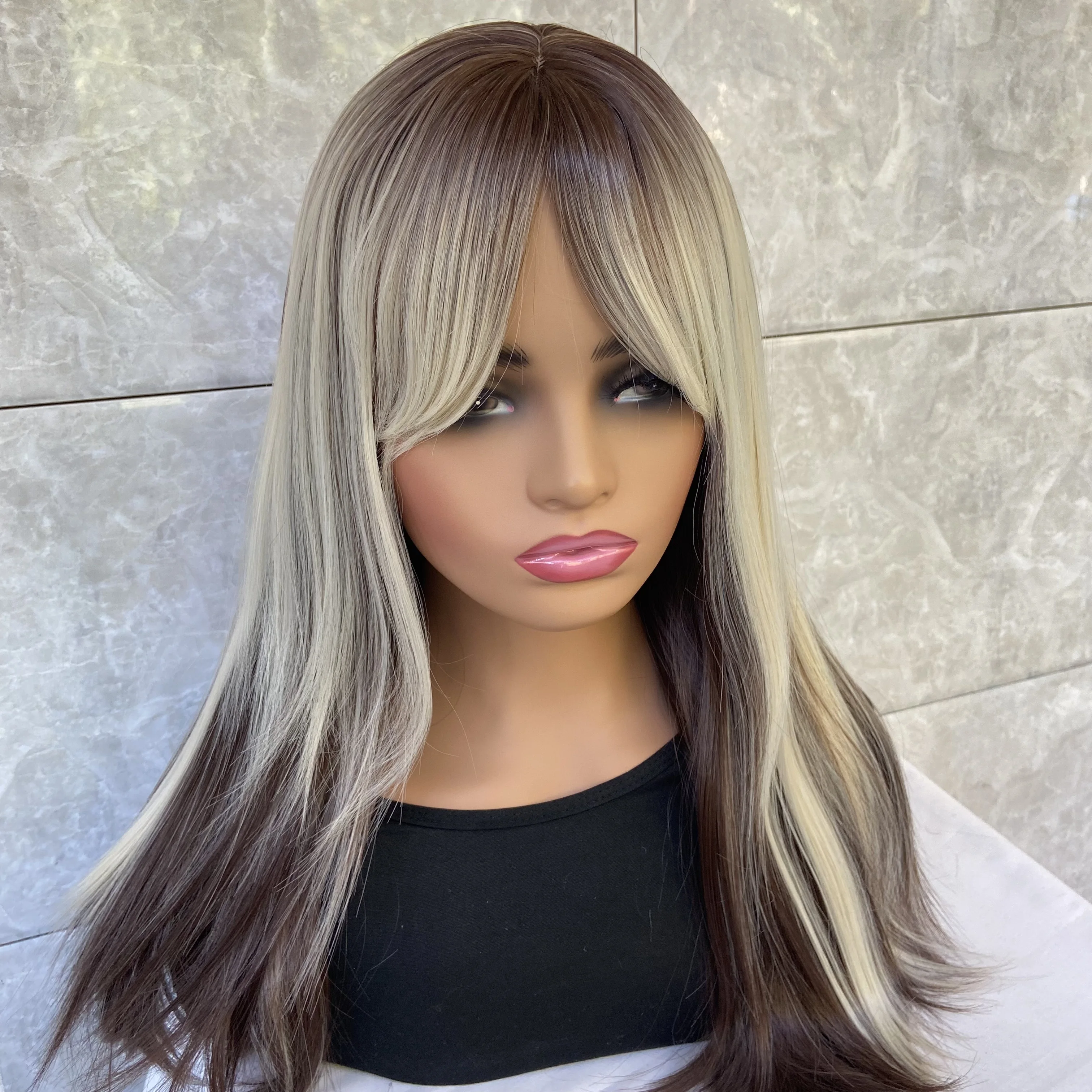 Fashiomag Long Straight Blonde Highlight Mix Human Hair Blend Heat Ok Wigs Women Soft Natural Daily Use With Bangs