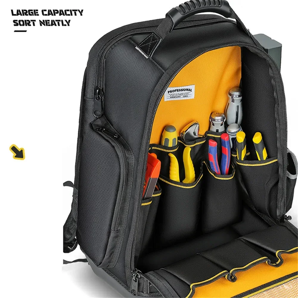 2024 Heavy Duty Canvas Tool Backpack with Multi-pocket Plastic Bottom Hardware Handtool Storage for Electrician Carpenter