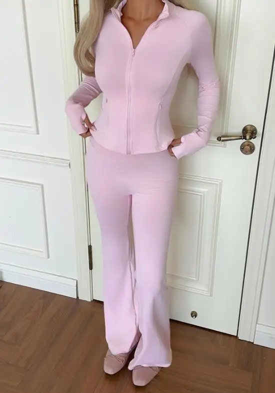 

Autumn New Fashionable, Simple, Elegant Yoga 2-Piece Zipper Slim Fit Long Sleeved Jacket and Tight Micro Flared Pants Set