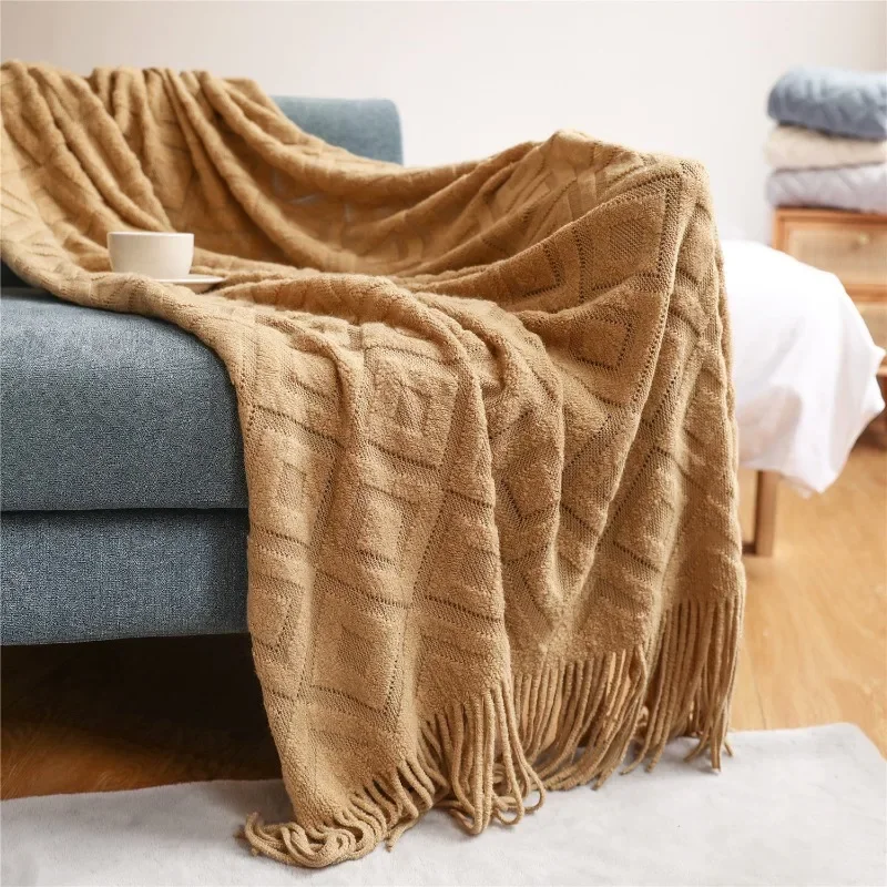 Textile City Diamond Shaped Cashmere Sofa Blanket Solid Winter Thickened Knitting Tassels Blanket Office Nap Jacquard DIY Towel