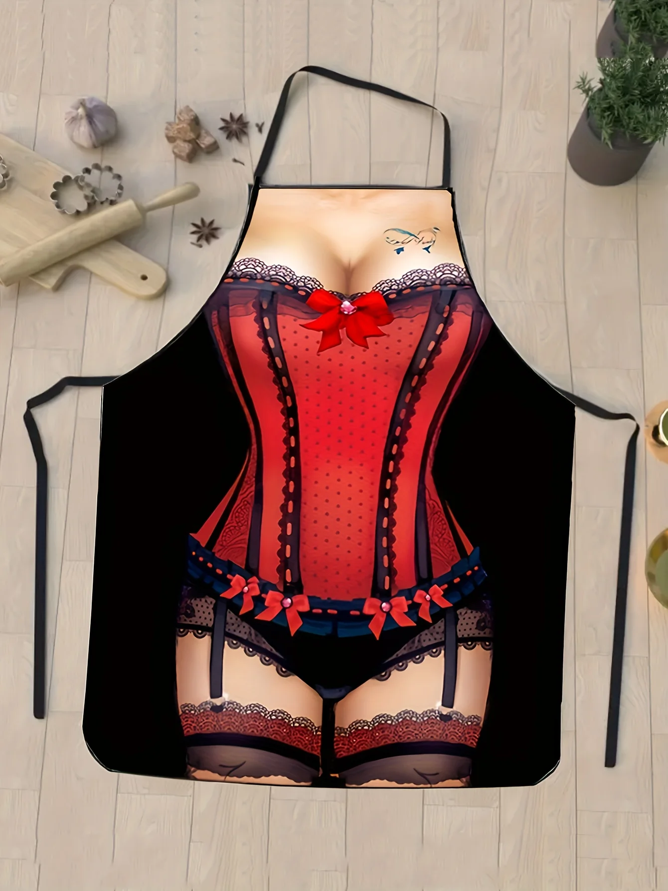 

Стильный красный атласный и черный кружевной фартук с корсетом — в горошек, с завязками на спине, для приготовления пищи, вечеринок, барбекю и выпечки