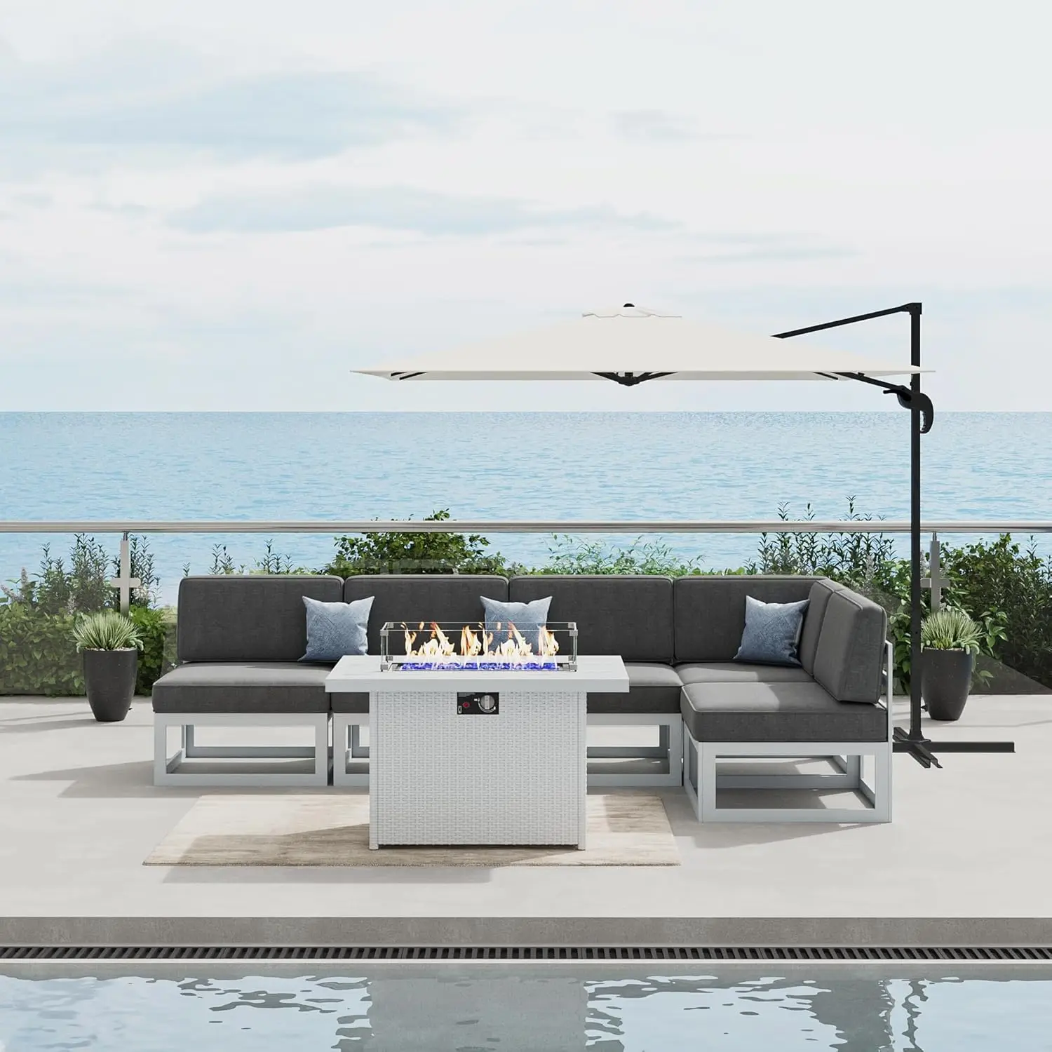 

Комплект садовой мебели из 6 предметов: современный алюминиевый модульный секционный набор для отдыха на открытом воздухе с L-образным столом-очагом, на заказ