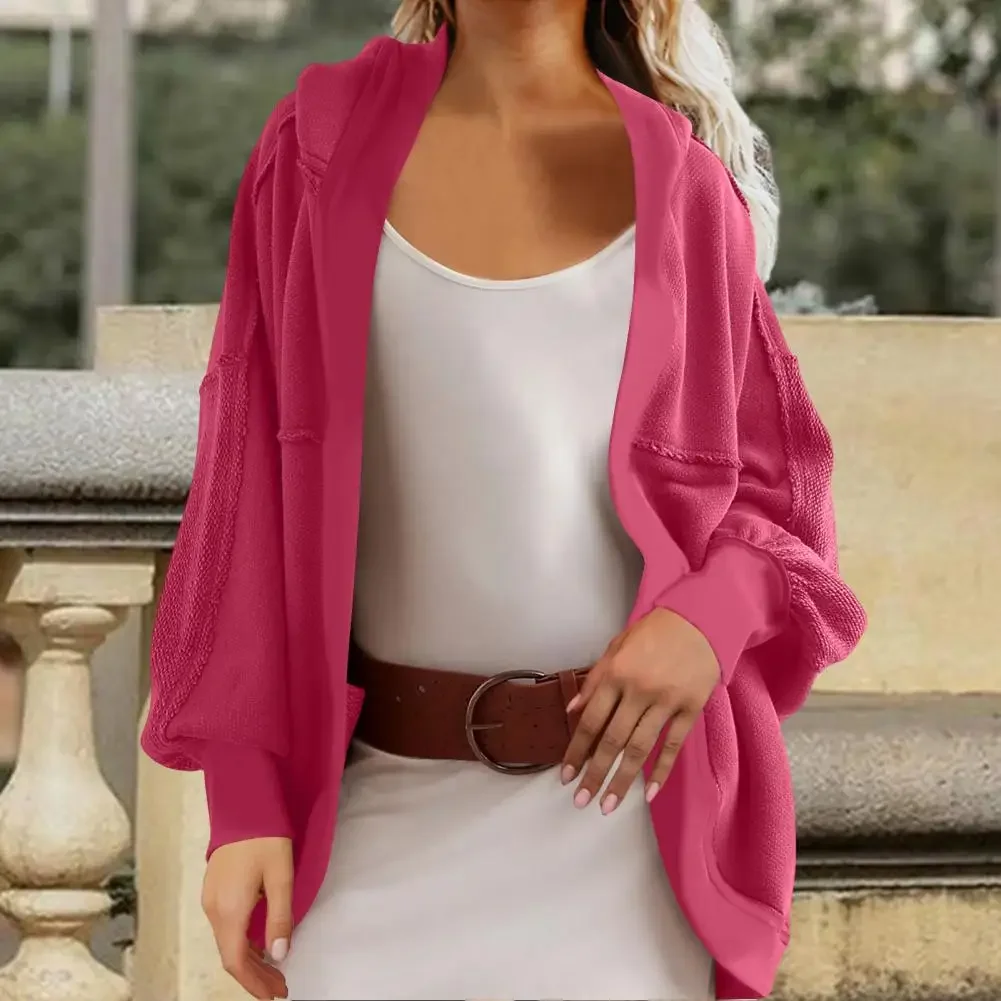 Combinazione di giacca da donna autunnale con berretto sciolto tinta unita manica lunga cardigan con spilla aperta maglione sportivo set casual