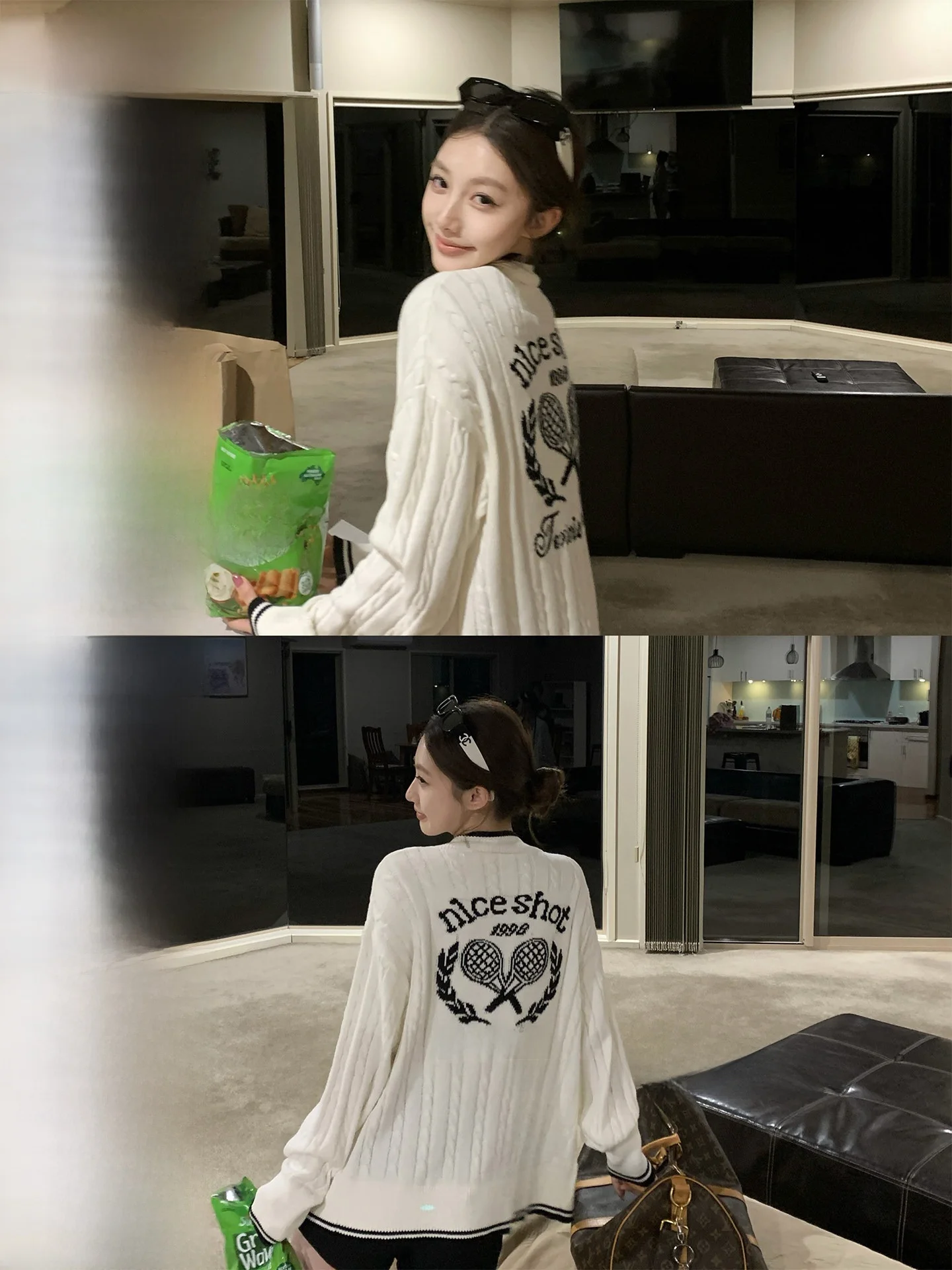 

Cotton Blend Knitted Open Cardigan V-Ne Tassel Long Sve Soft Loose Tennis Club Color Blo Twist Knitwear for Women