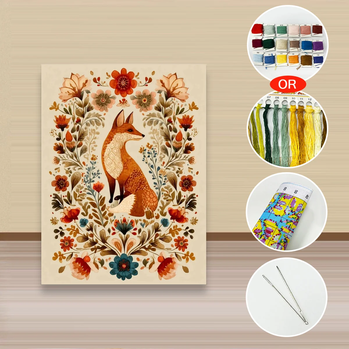 1 Stück 30x40cm/11,8x15,7 Zoll, 11Ct/14Ct Kreuzstich-Set, DIY Valentinstagsgeschenk, Stickerei-Set für Festlichkeiten, Fuchs-Blumenmuster – Detail 2