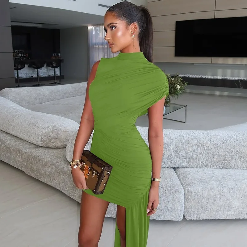 

European and American Women's Clothing Summer New Fashion Slim-fitting Round Neck Pleated Hip-wrapped Irregular Sleeveless Dress